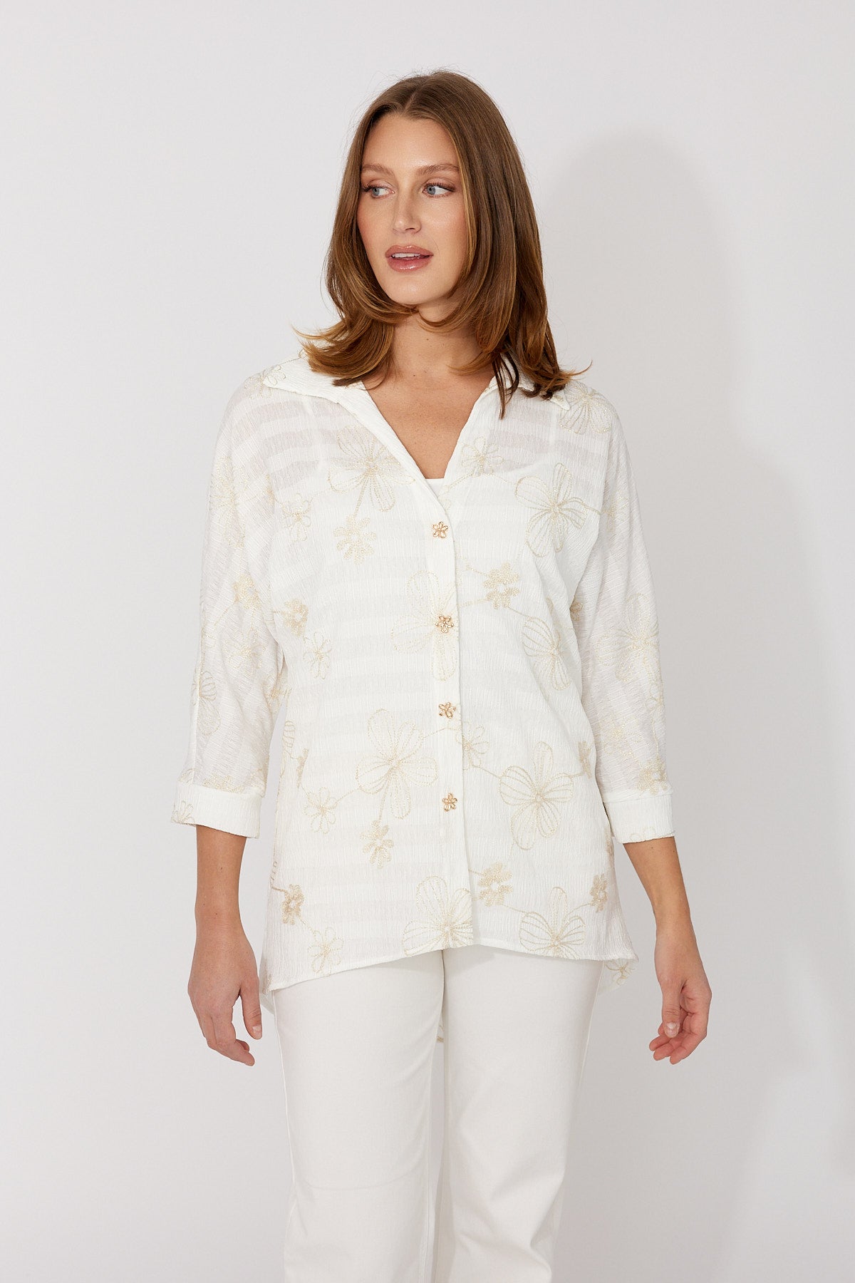 266315 Floral Button Printed Seersucker Stripe Sheer Shirt
