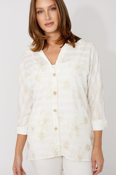 266315 Floral Button Printed Seersucker Stripe Sheer Shirt