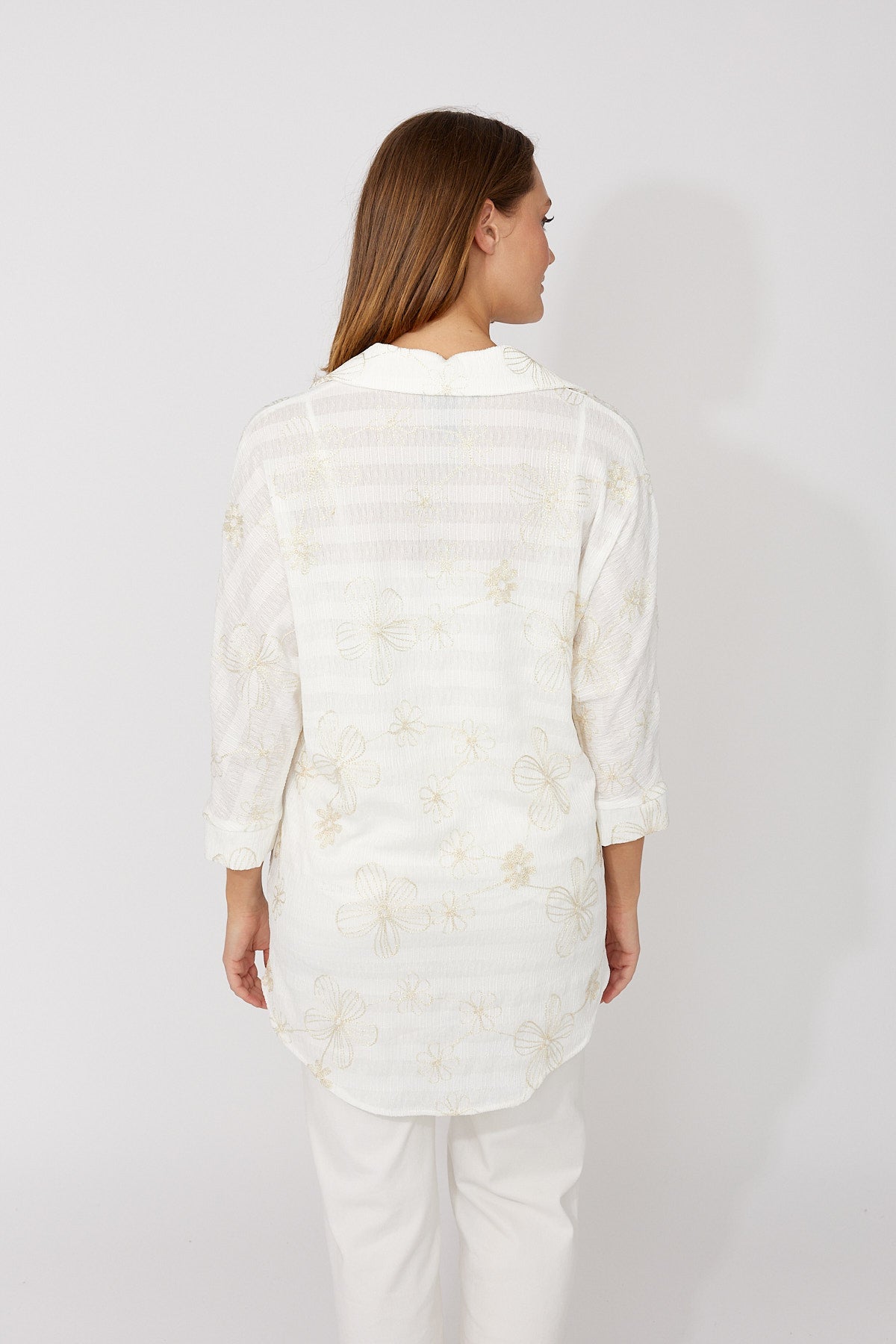 266315 Floral Button Printed Seersucker Stripe Sheer Shirt