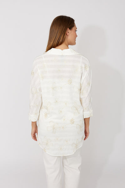 266315 Floral Button Printed Seersucker Stripe Sheer Shirt