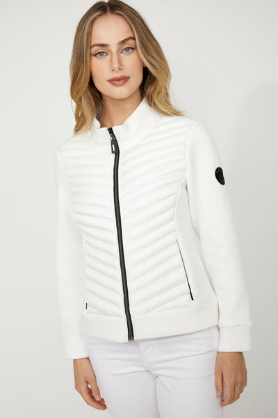 75196 OFF WHITE  V Line  Quilt & Cable Jacquard Zip Up Jacket