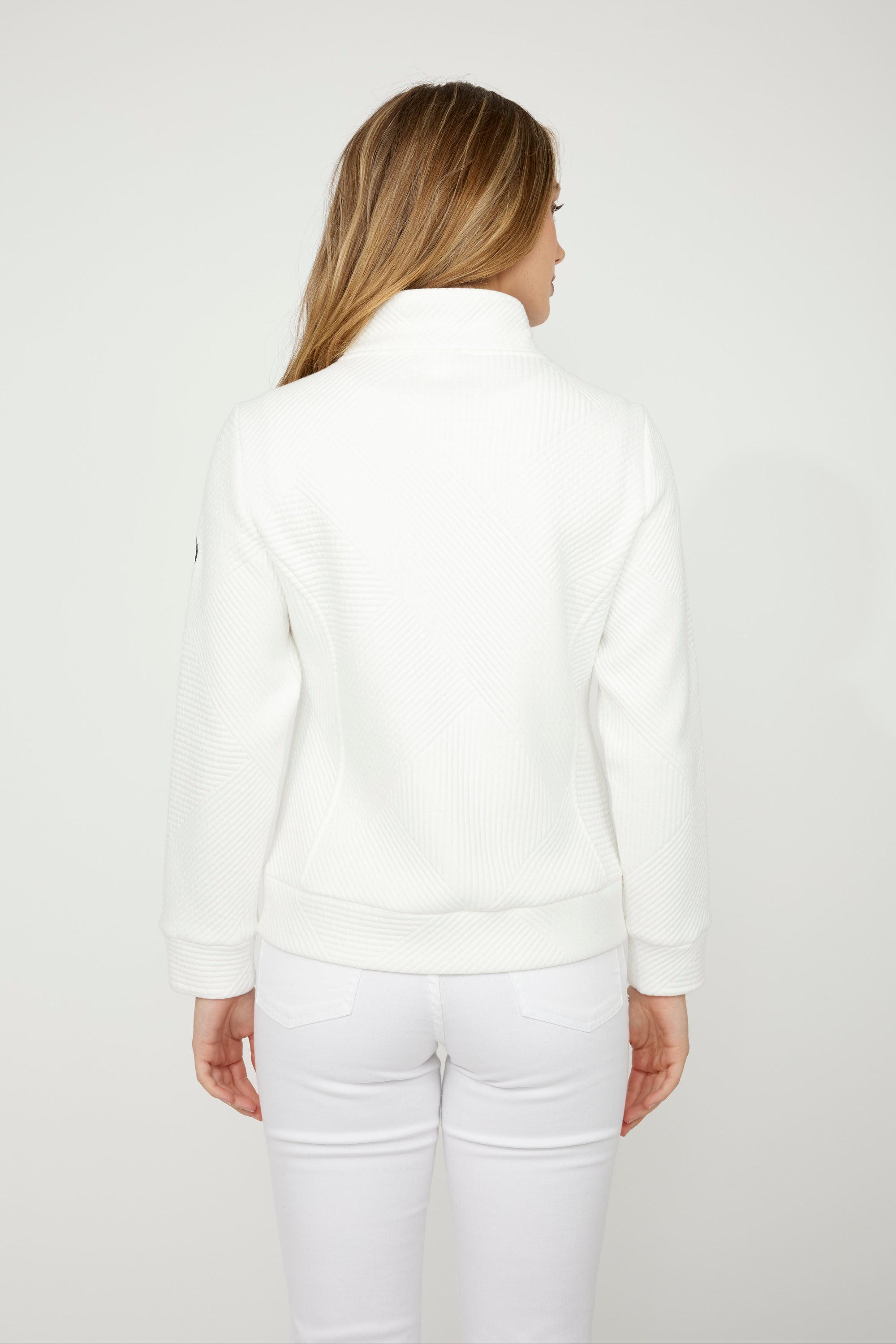 75196 OFF WHITE  V Line  Quilt & Cable Jacquard Zip Up Jacket