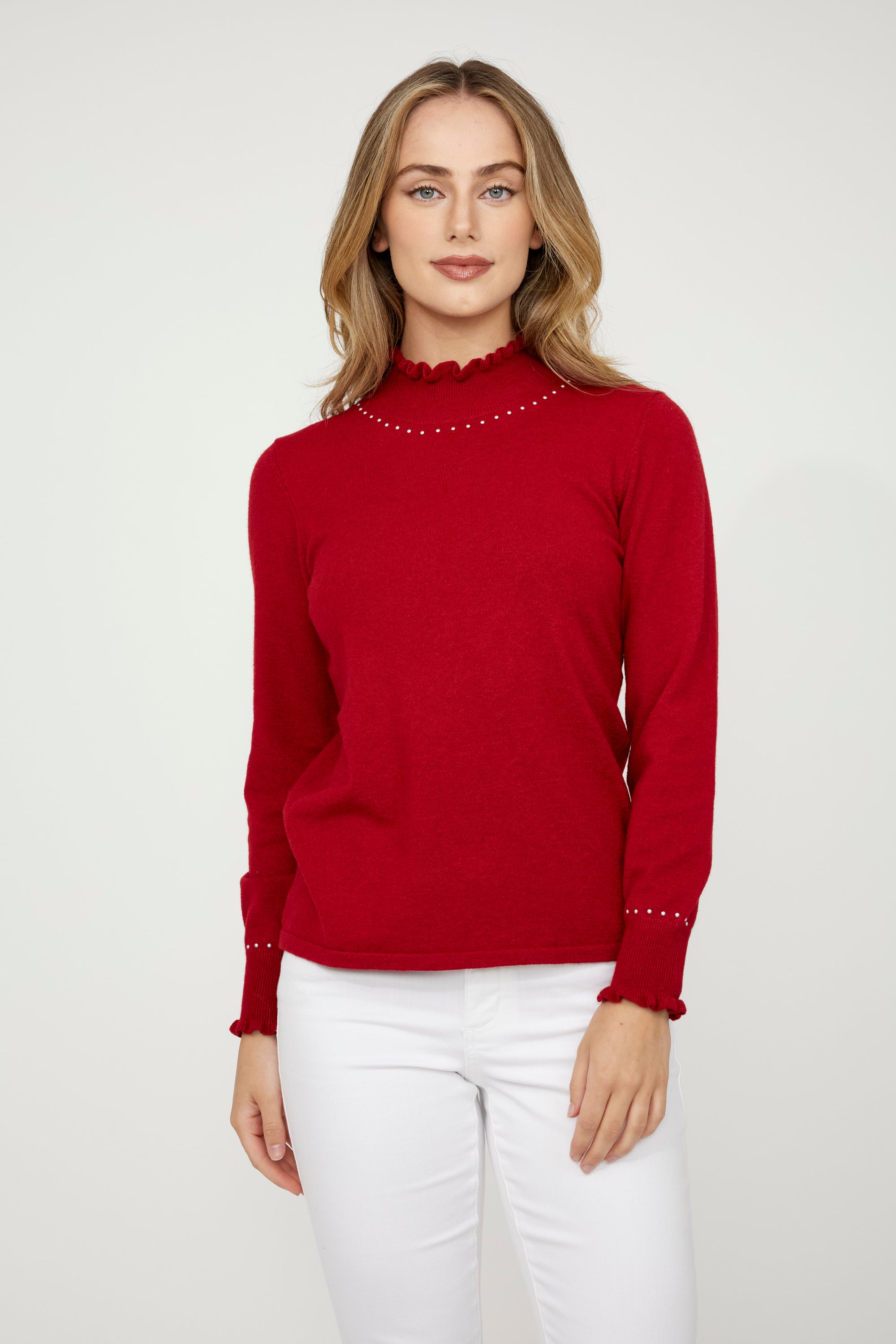 D75309 SOFT BLUE Ruffle Polo Knit Jumper With Hot-Fix