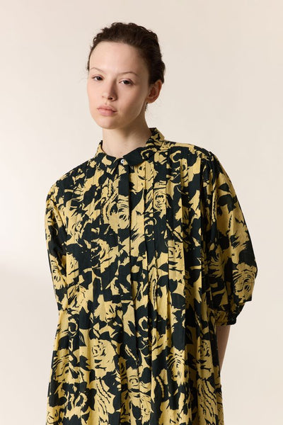 L&H YELLOW Print Pintuck Pleat Bell Sleeve Organic Cotton Dress