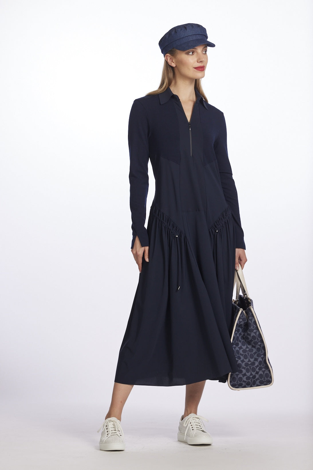 9062 Merino  & Microjersey Drawcord Zip Collar Dress