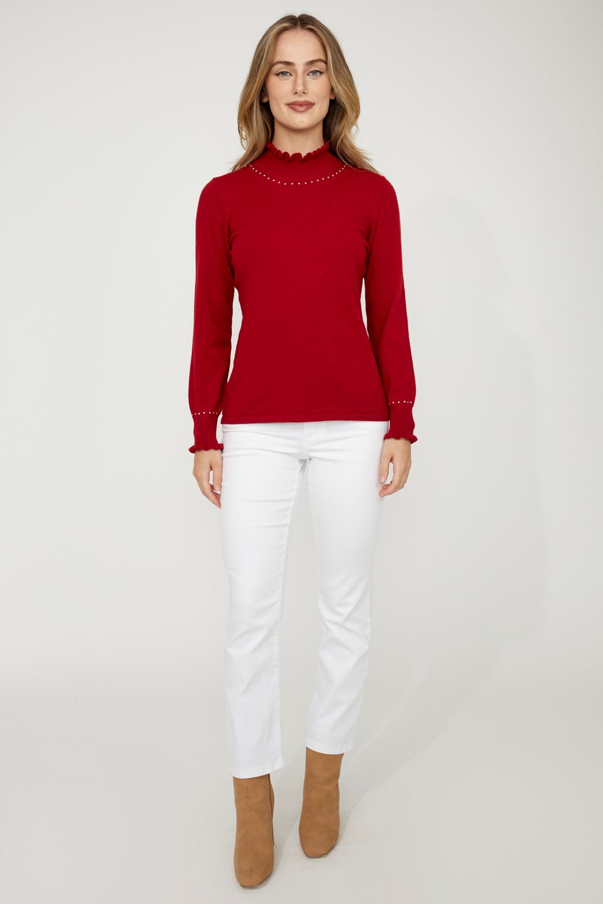 D75309 WHITE Ruffle Polo Knit Jumper With Hot-Fix