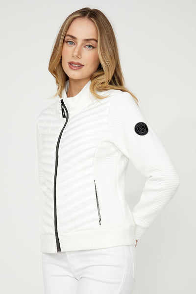 75196 OFF WHITE  V Line  Quilt & Cable Jacquard Zip Up Jacket