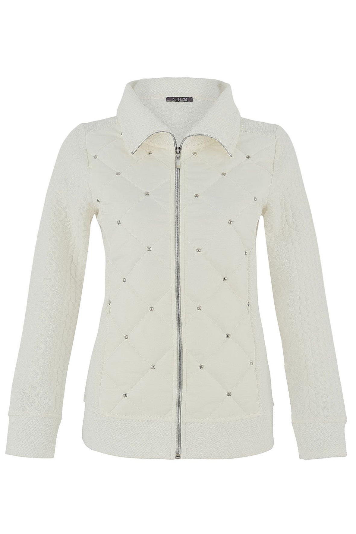 75156 OFF WHITE Diamond Quilt & Cable Jacquard Zip Up Jacket