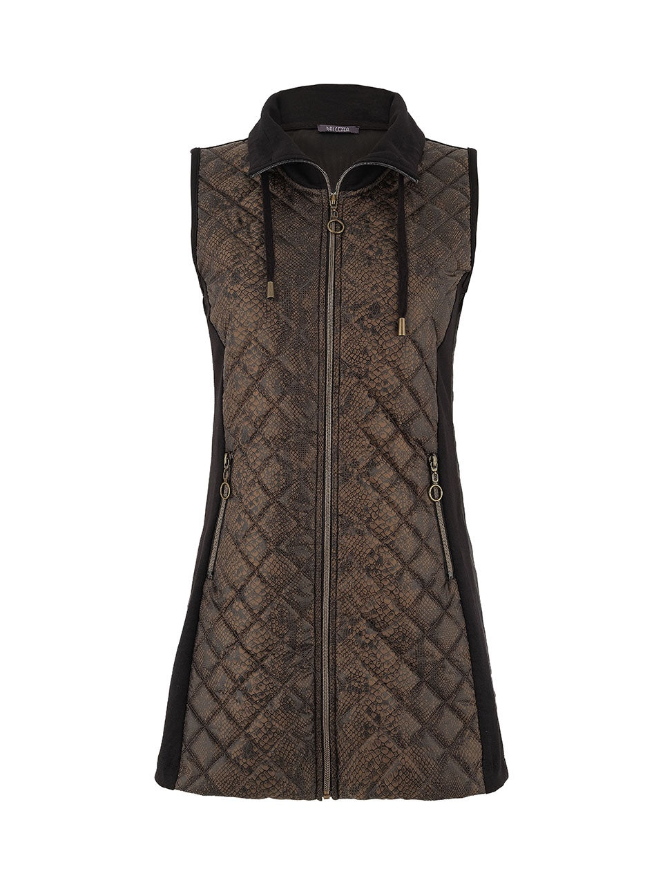 D75159 OLIVE/ BLACK Long Line  Zip-Up Stud Quilt Vest