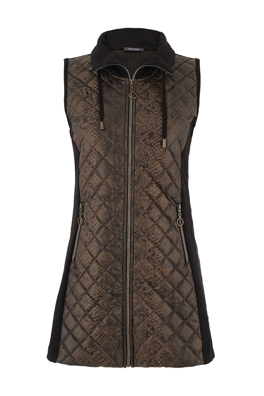 D75159 OLIVE/ BLACK Long Line  Zip-Up Stud Quilt Vest