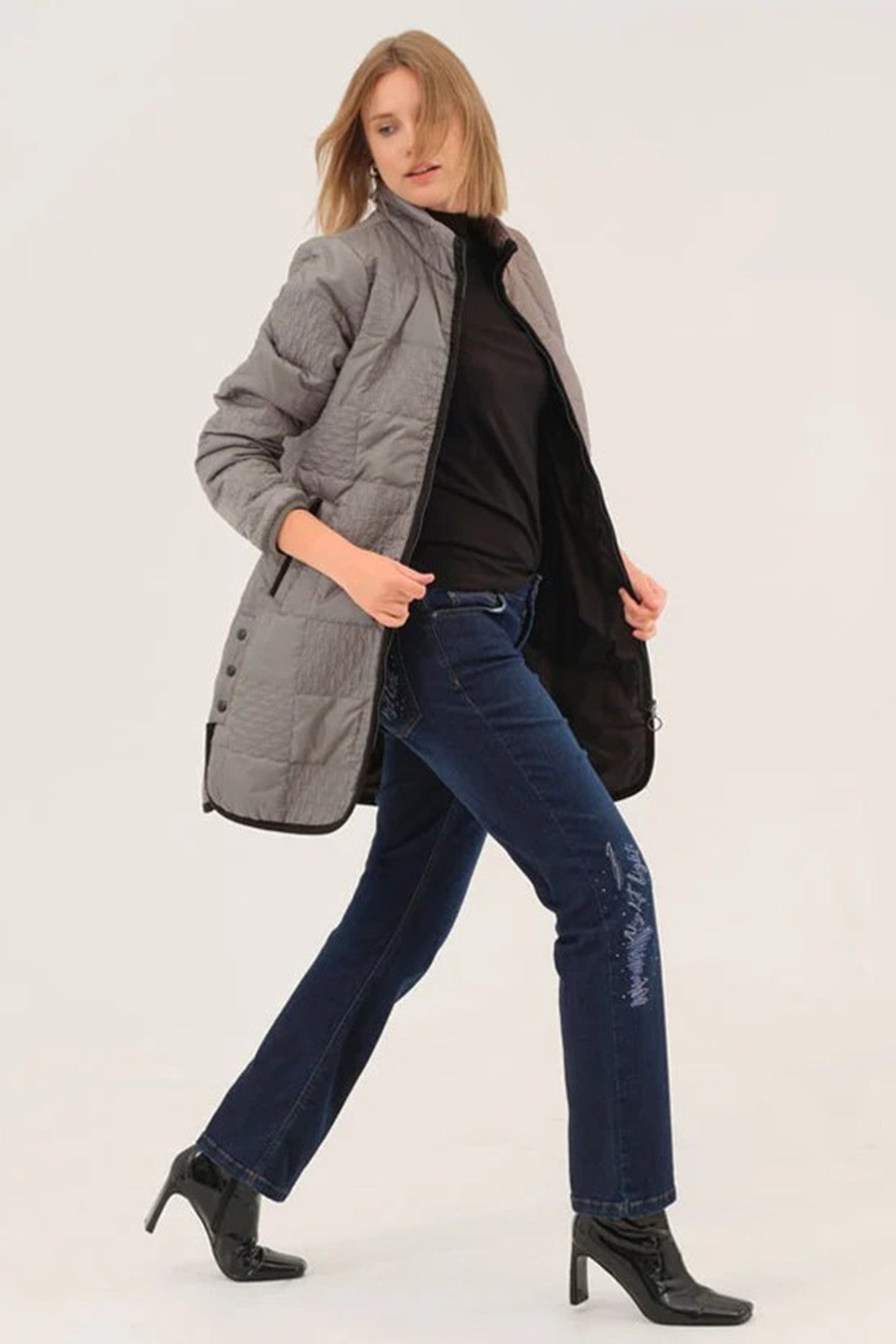 75801 BLACK Long Patterned Quilt Curve Hem Coat