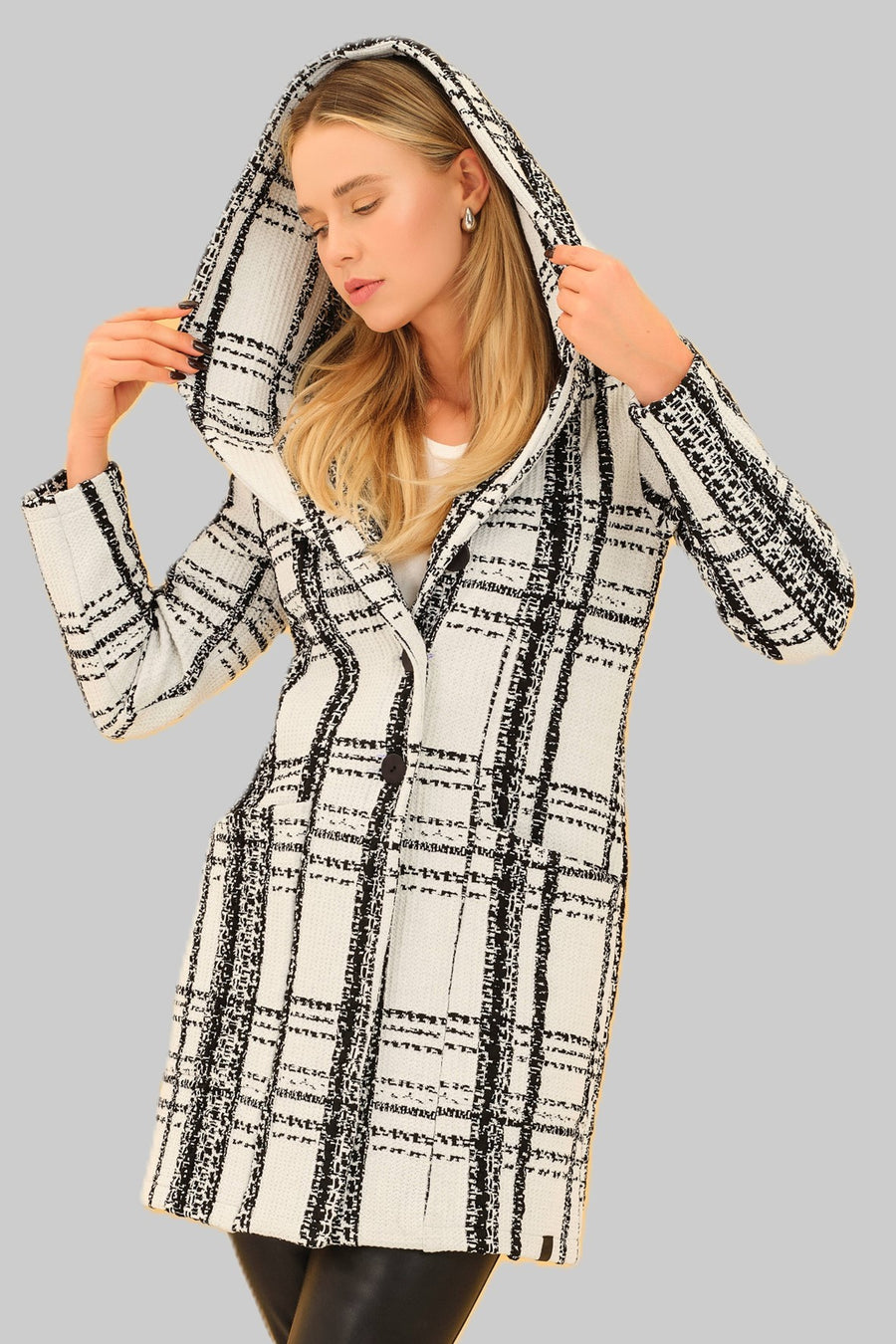 75252 Plush Jacquard Cocoon Hood Cardigan Coat