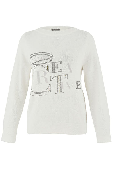 D75304 WHITE Creative Print Weekend Knit Jumper