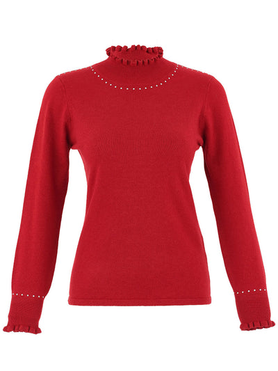 D75309 RED Ruffle Polo Knit Jumper With Hot-Fix