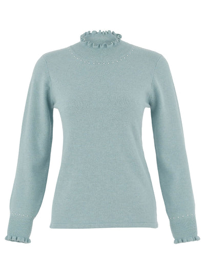 D75309 WHITE Ruffle Polo Knit Jumper With Hot-Fix