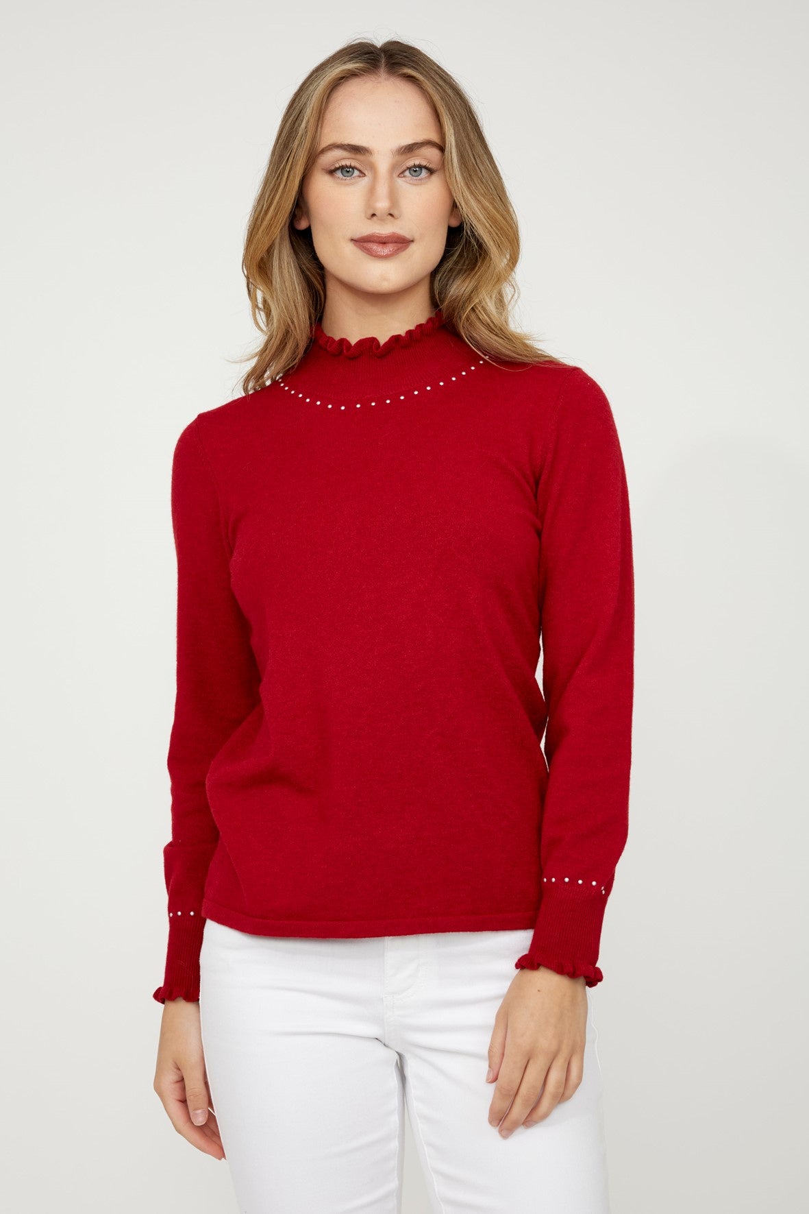 D75309 RED Ruffle Polo Knit Jumper With Hot-Fix