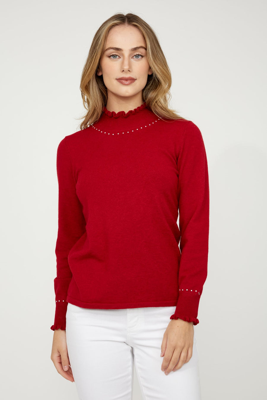 D75309 RED Ruffle Polo Knit Jumper With Hot-Fix