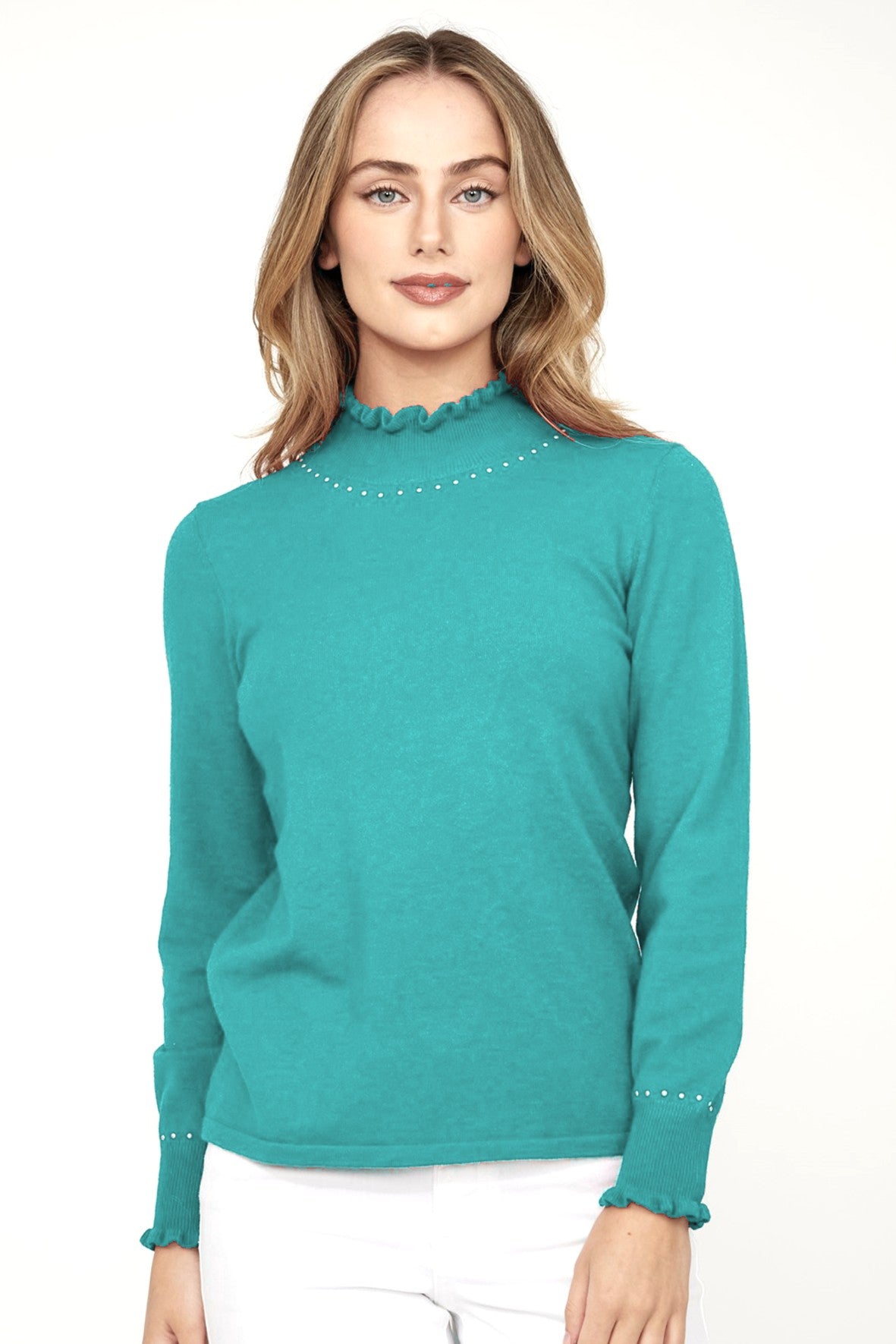 D75309 SOFT BLUE Ruffle Polo Knit Jumper With Hot-Fix