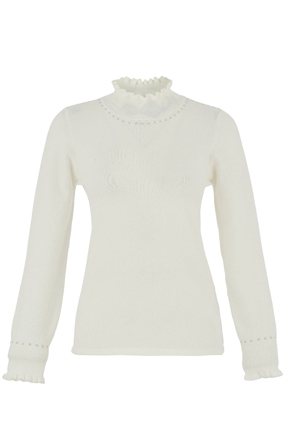D75309 WHITE Ruffle Polo Knit Jumper With Hot-Fix
