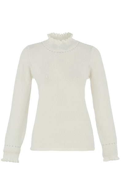 D75309 WHITE Ruffle Polo Knit Jumper With Hot-Fix