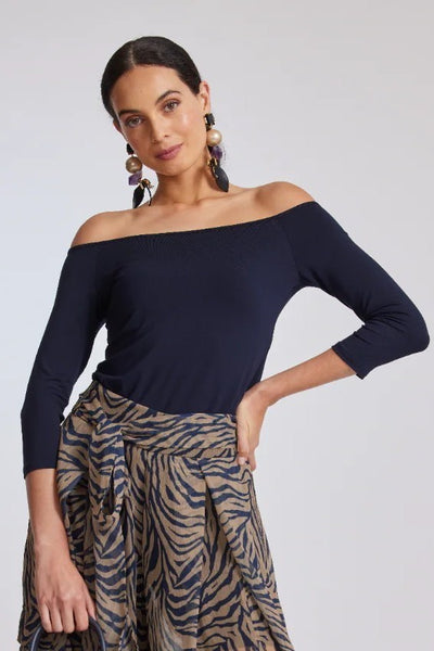 7547L NAVY Off Shoulder 3/4 Sleeve Top