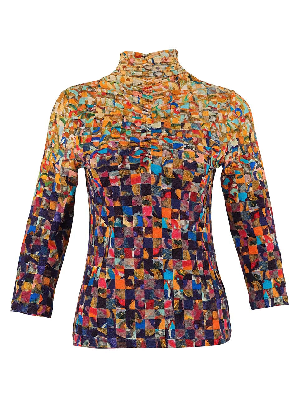 D75613 Artists Print Ruched Polo Stretch Viscose Top