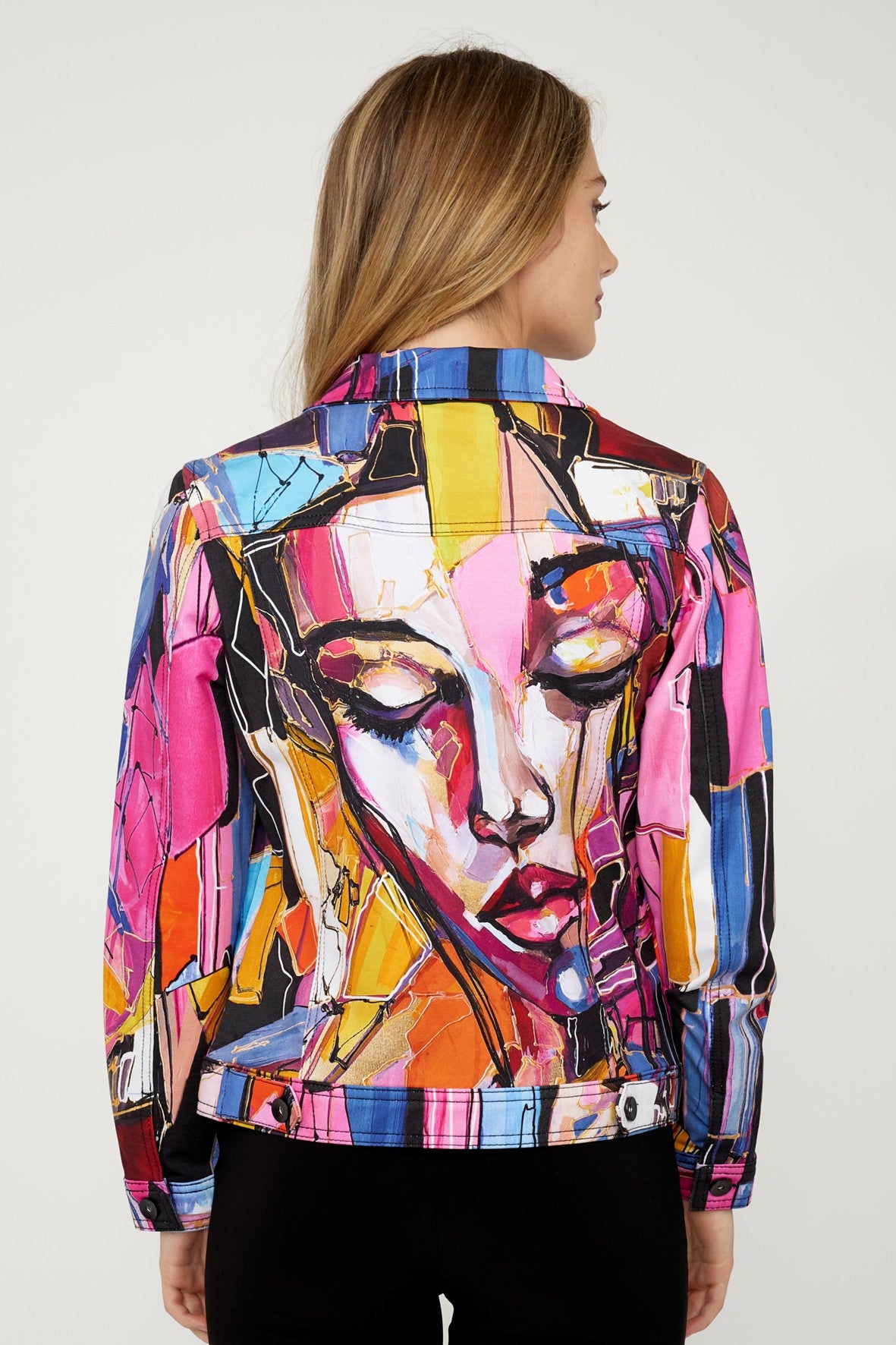 D75627 Faces Abstract Print Knit Denim Jacket