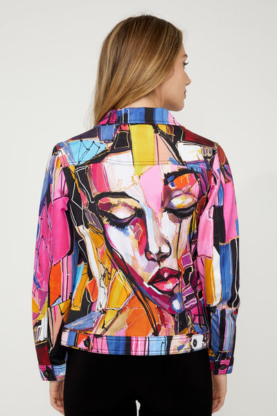 D75627 Faces Abstract Print Knit Denim Jacket