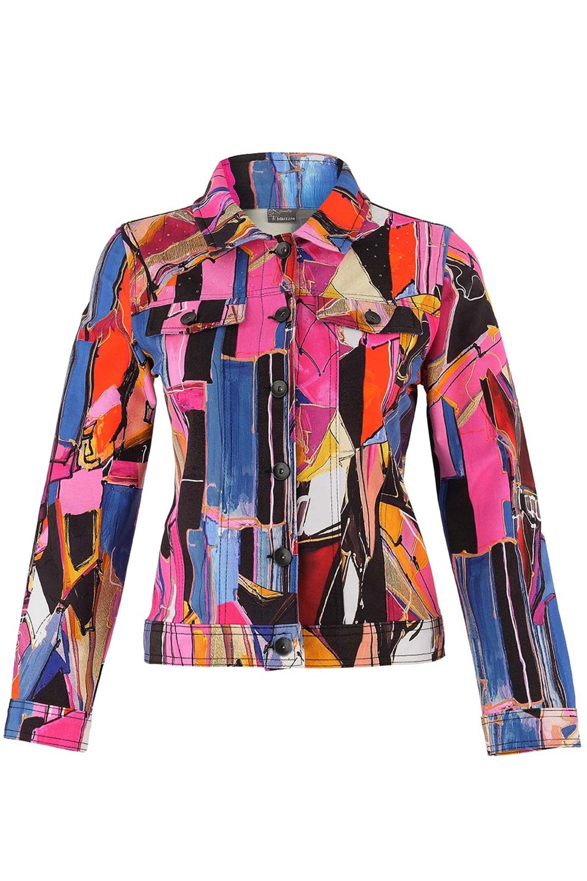 D75627 Faces Abstract Print Knit Denim Jacket