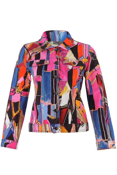 D75627 Faces Abstract Print Knit Denim Jacket