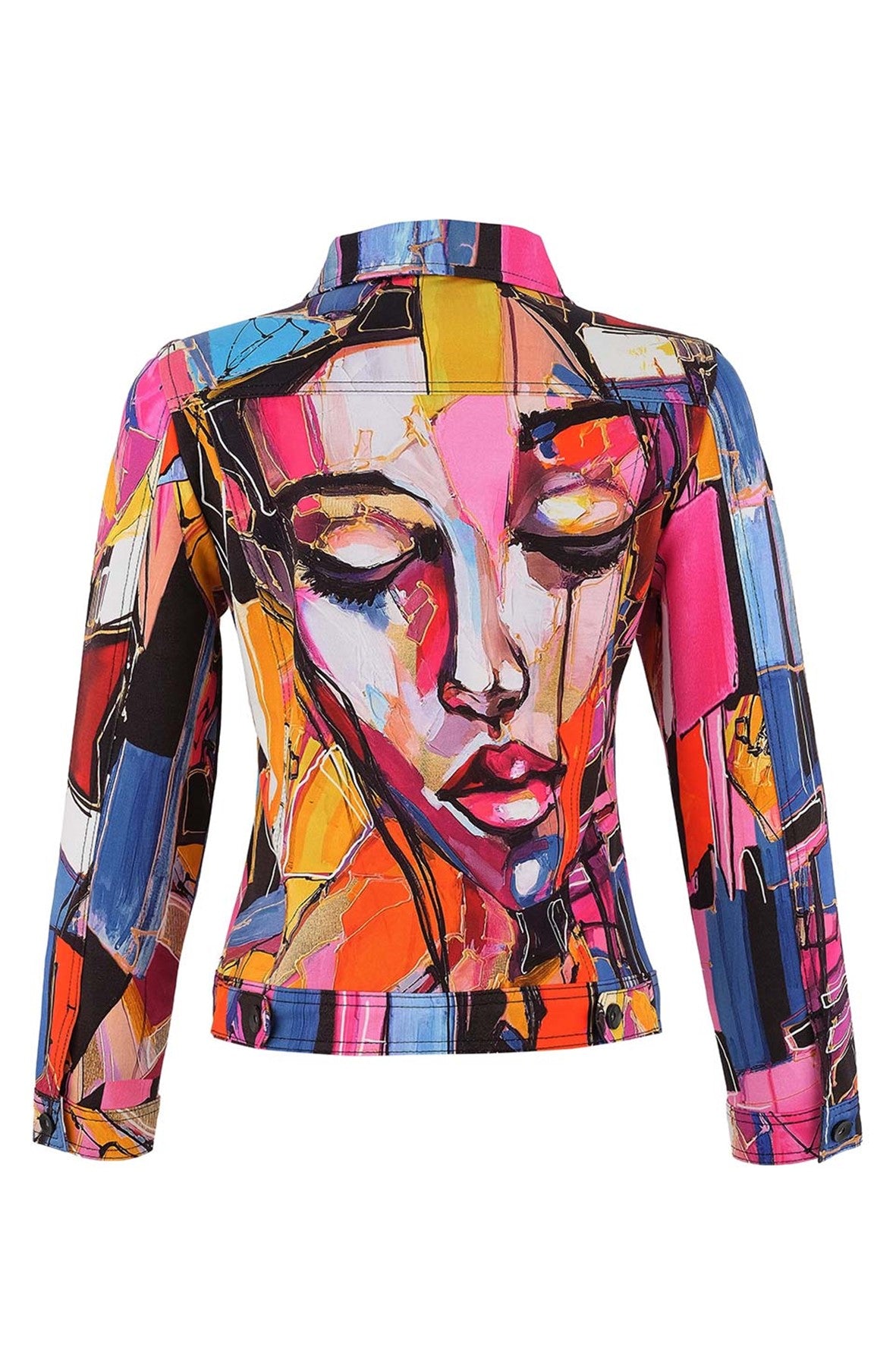 D75627 Faces Abstract Print Knit Denim Jacket