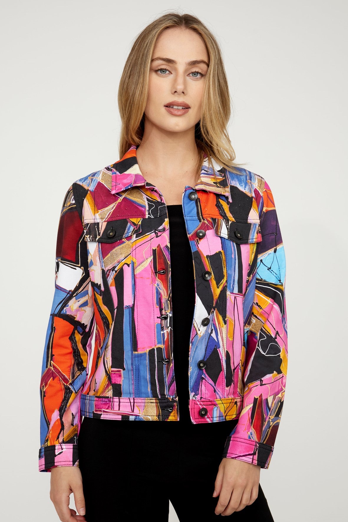 D75627 Faces Abstract Print Knit Denim Jacket