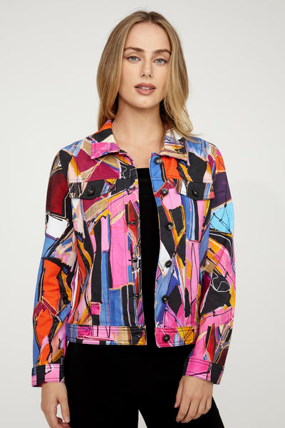 D75627 Faces Abstract Print Knit Denim Jacket