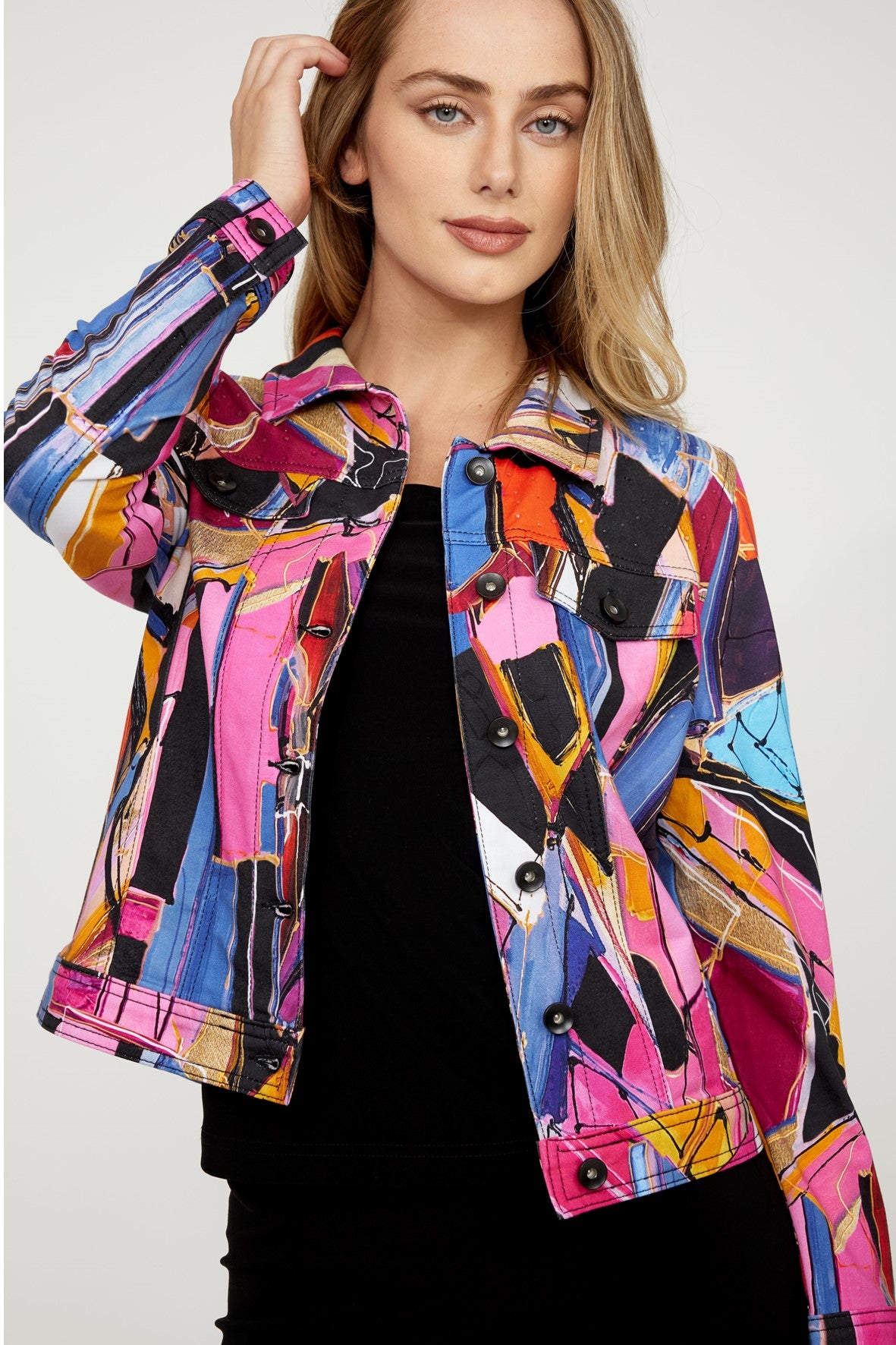 D75627 Faces Abstract Print Knit Denim Jacket