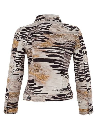 D75689 Unbalanced Abstract Print Knit Denim Jacket