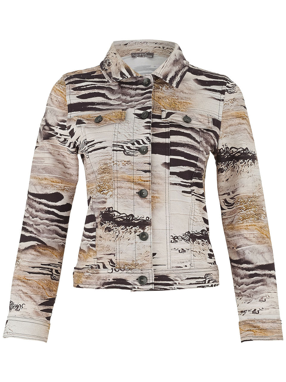 D75689 Unbalanced Abstract Print Knit Denim Jacket