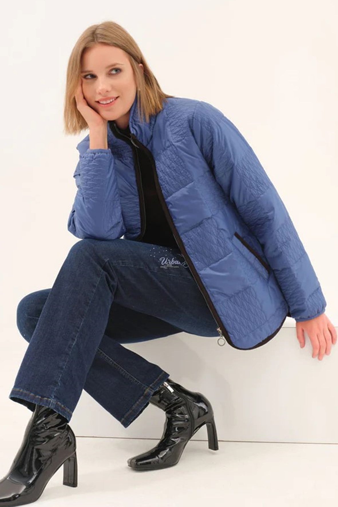 75801 INDIGO Long Patterned Quilt Curve Hem Coat