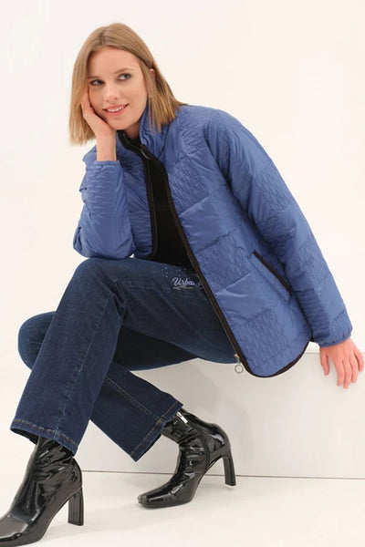 75801 INDIGO Long Patterned Quilt Curve Hem Coat