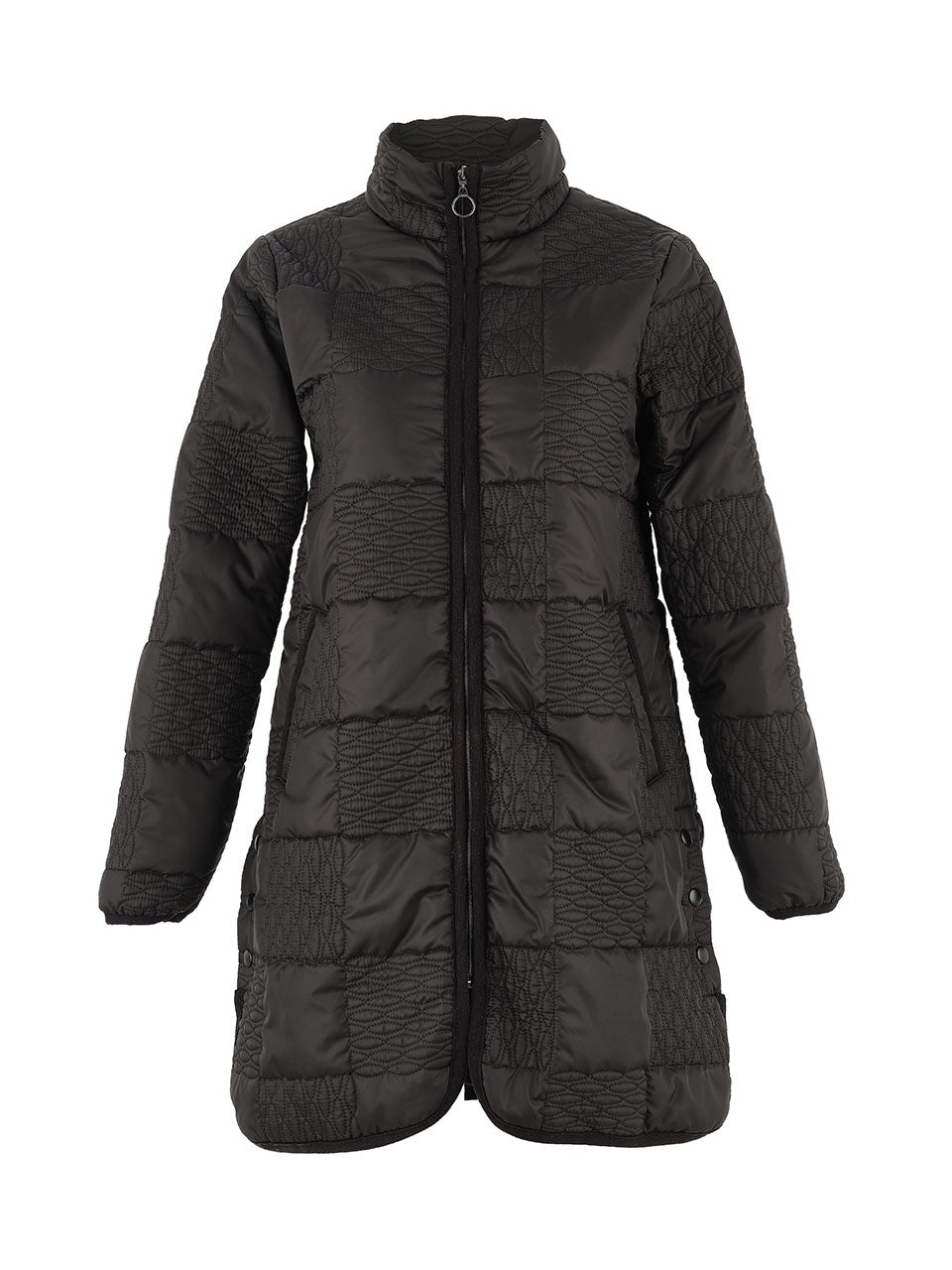 75801 BLACK Long Patterned Quilt Curve Hem Coat