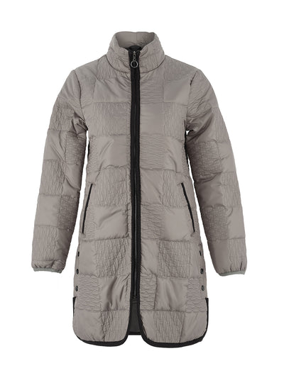 75801 INDIGO Long Patterned Quilt Curve Hem Coat