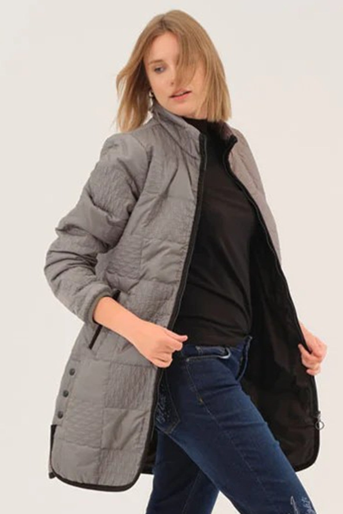 75801 BLACK Long Patterned Quilt Curve Hem Coat