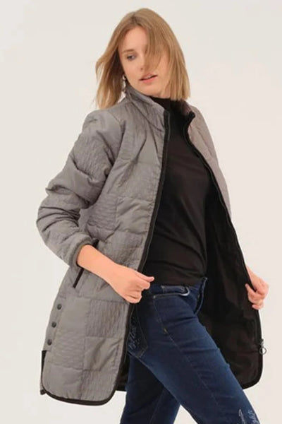 75801 INDIGO Long Patterned Quilt Curve Hem Coat