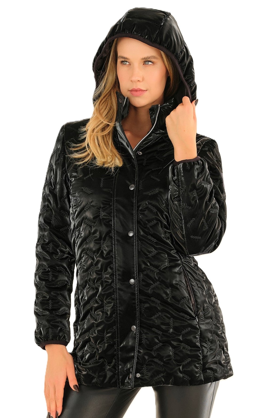 75807 BLACK Hooded Luster Taffeta Quilted Puffer Coat