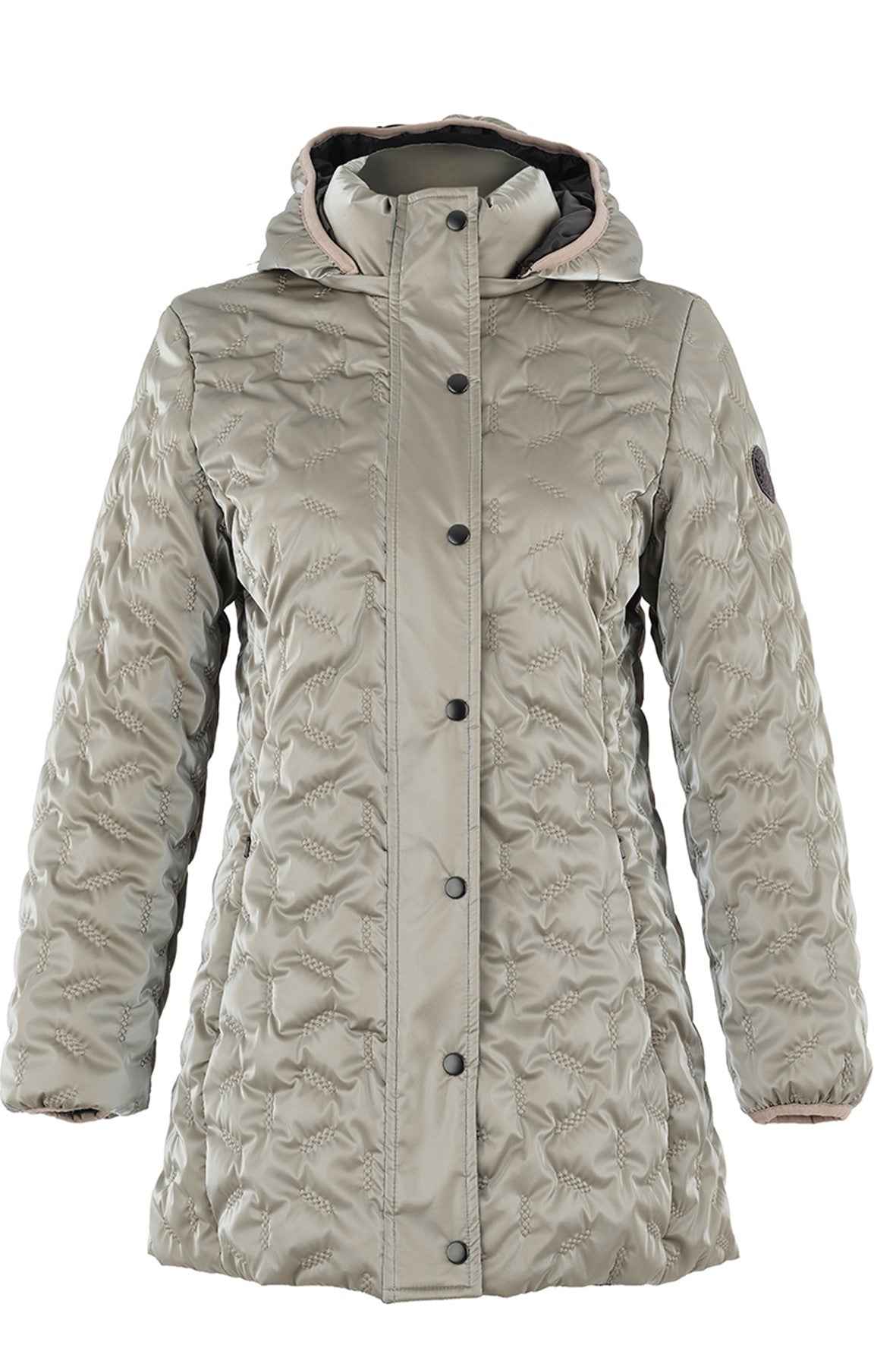 75807 TAUPE Hooded Luster Taffeta Quilted Puffer Coat