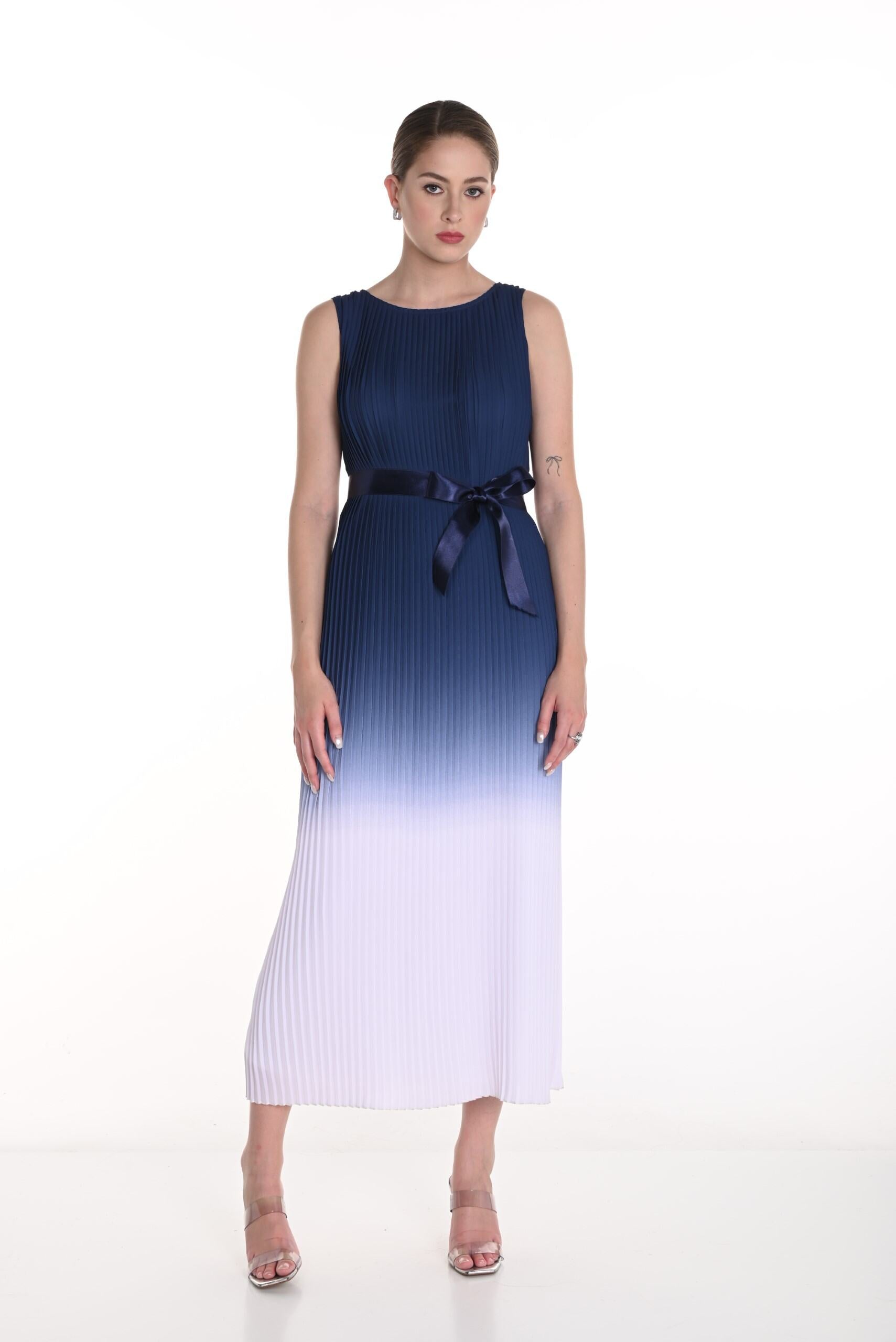 258149 Mini Pleat Watercolor S/less Boatneck Dress - Darling