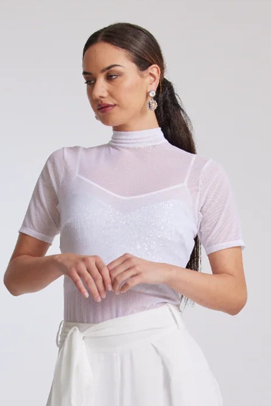 8931 WHITE Sheer Mesh Polo Tee