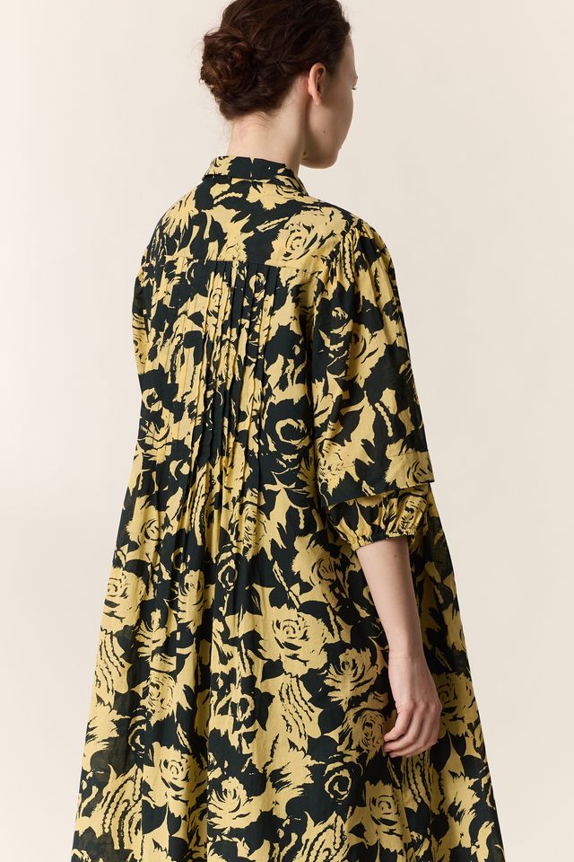 L&H YELLOW Print Pintuck Pleat Bell Sleeve Organic Cotton Dress