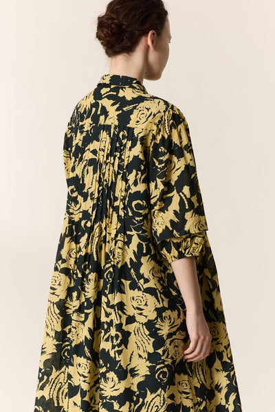 L&H YELLOW Print Pintuck Pleat Bell Sleeve Organic Cotton Dress