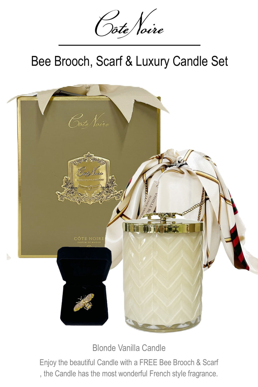 HCG03 Cote Noire Bee Brooch / Candle & Scarf Gift Set