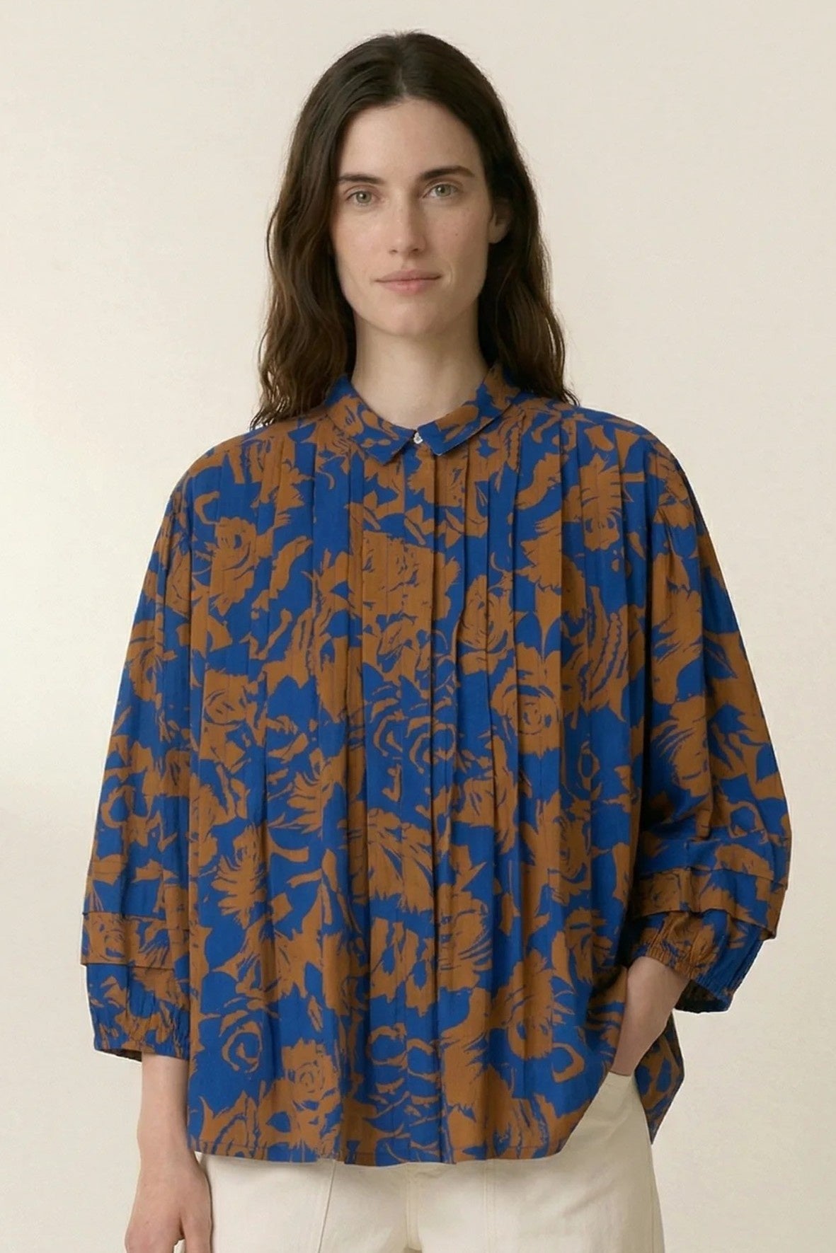 L&H INK Print Pintuck Pleat Bell Sleeve Organic Cotton Shirt